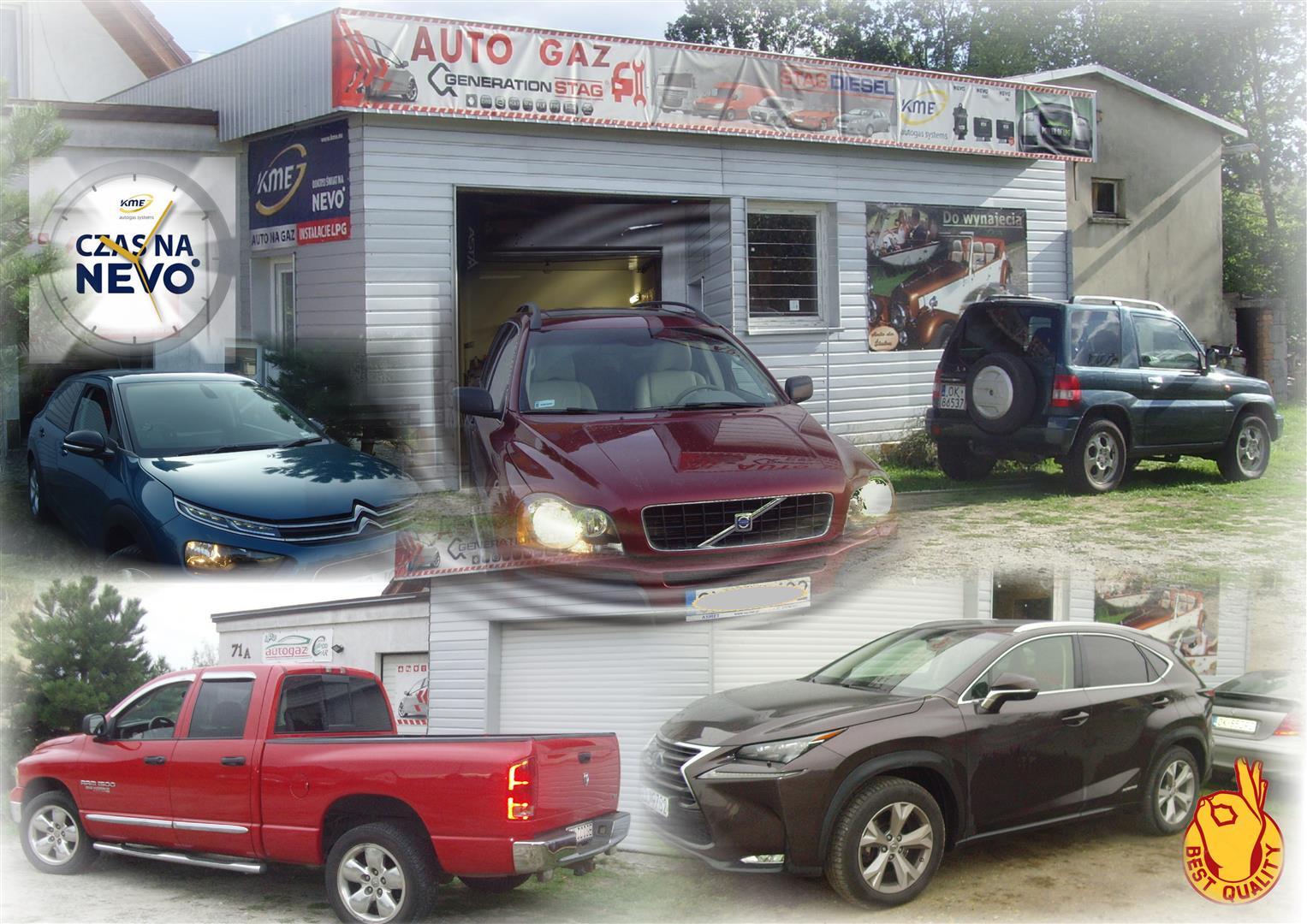 Montaż instalacji LPG: kolaż zdjęć przedstawiający budynek warsztatu z szyldem i banerami reklamowymi oraz różne samochody przed warsztatem i wewnątrz niego.