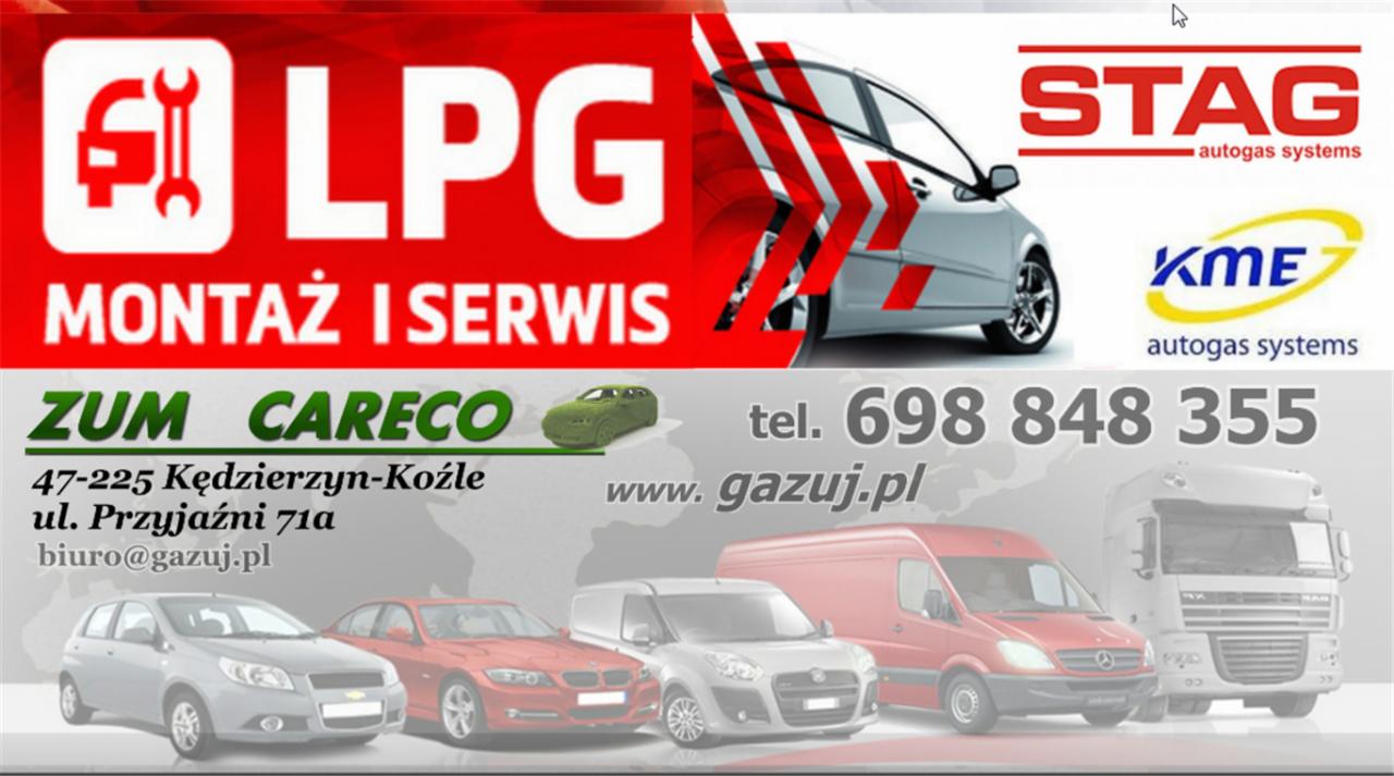 Baner reklamowy firmy ZUM CARECO oferującej montaż i serwis instalacji samochodowych, prezentujący logotypy marek STAG i KME oraz flotę pojazdów.