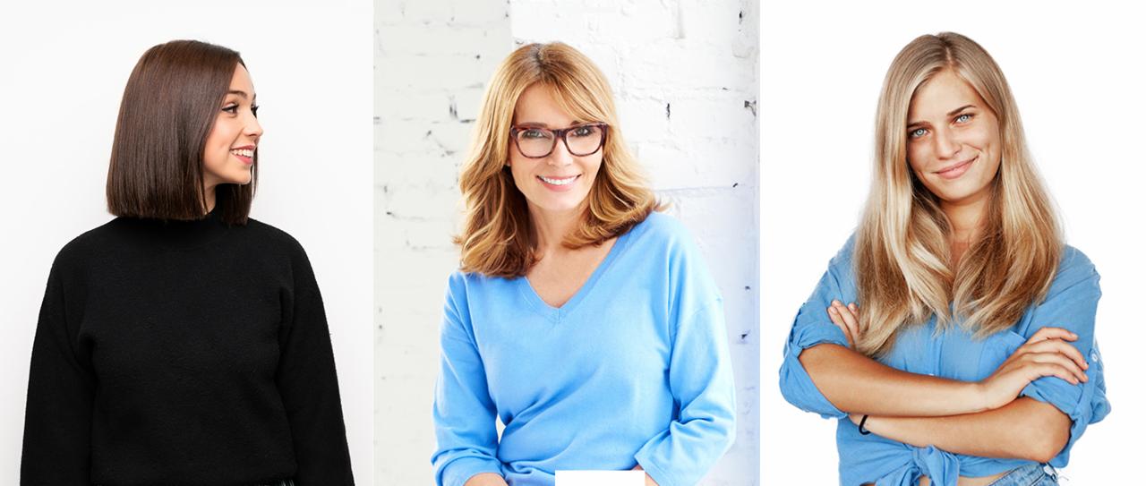 Portrety trzech kobiet z różnymi fryzurami: ciemne, proste bob, blond fale z okularami i długie, proste blond włosy.