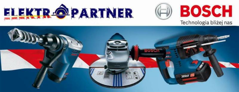 Profesjonalny zestaw narzędzi Bosch: wiertarka udarowa z wiertłem ślimakowym, szlifierka kątowa i wiertarko-wkrętarka akumulatorowa, na tle firmowym Elektra Partner.