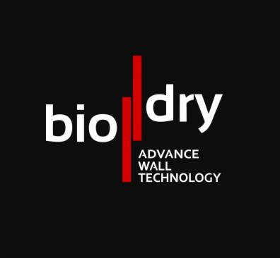 Logo firmy BioDry z białym napisem na czarnym tle, podkreślone pionowymi czerwonymi liniami i hasłem Advance Wall Technology.