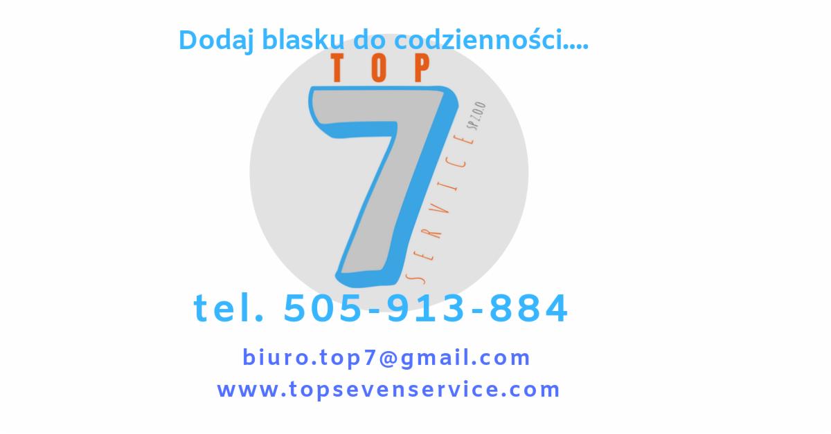 Logo firmy Top 7 Service z Kobyłki: niebieska cyfra 7 na szarym okręgu, slogan 'Dodaj blasku do codzienności', numer telefonu, adres e-mail i strona internetowa.