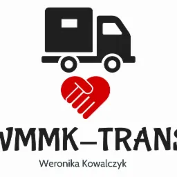 Logo firmy transportowej WMMK-TRANS z grafiką ciężarówki, serca i imieniem Weronika Kowalczyk.