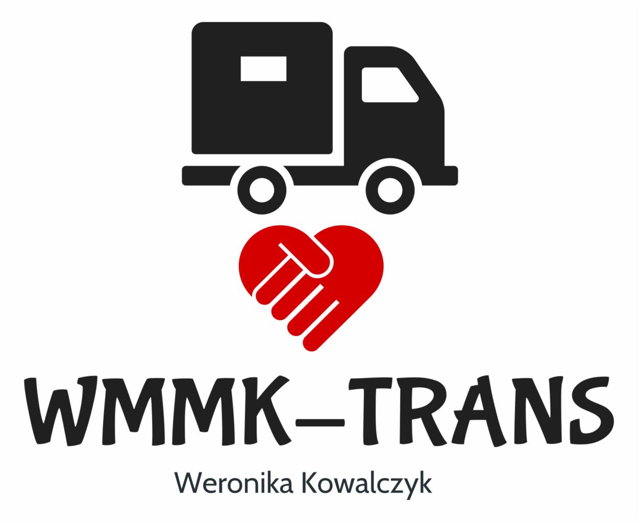 Logo firmy transportowej WMMK-TRANS z grafiką ciężarówki, serca i imieniem Weronika Kowalczyk.