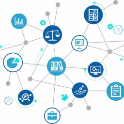 Graficzna sieć połączeń symbolizująca finanse i biznes, z ikonami bilansu, wykresów, kalkulatora, segregatorów i aktówki, w odcieniach błękitu na białym tle.