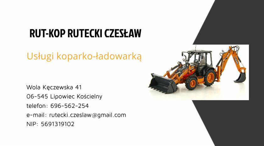 Wizytówka firmy RUT-KOP Rutecki Czesław oferującej usługi koparko-ładowarką, z ilustracją pomarańczowej koparko-ładowarki CASE na białym tle.