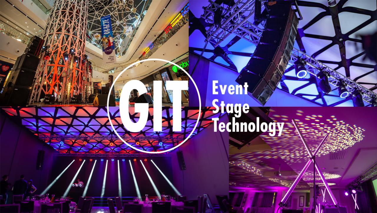 Kolaż zdjęć z realizacji eventów: scena w centrum handlowym z nagłośnieniem i oświetleniem, oświetlenie sceniczne z reflektorami, oświetlenie sali bankietowej z dekoracyjnymi lampami. Na zdjęciu...