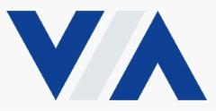 Niebieskie logo VIA z ukośnym białym paskiem na jasnym tle.