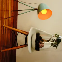 Nowoczesna lampa biurkowa z pastelowo-zielonym kloszem i pomarańczowym wnętrzem, oświetlająca szklany sł&oacute;j z miniaturowym ekosystemem na białym krześle, na tle drewnianej ściany.