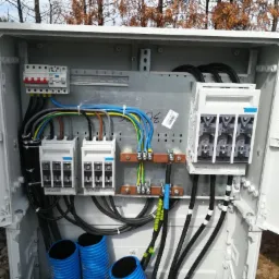 Otwarta skrzynka elektryczna z zainstalowanymi bezpiecznikami, przewodami o różnych kolorach i niebieskimi rurami karbowanymi u dołu, na tle drzew bez liści i kamienistego podłoża.