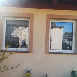 Dwa okna w beżowej elewacji z brązowymi obramowaniami, w jednym oknie widoczna osoba, w tle błękitne niebo odbijające się w szybach, w dole żółty krzew i dekoracja w kształcie pszczoły.