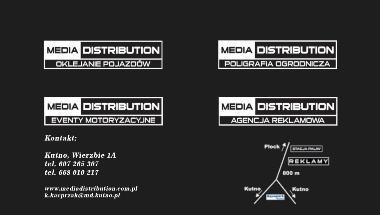 Wizytówka firmy Media Distribution z Kutna, oferującej oklejanie pojazdów, poligrafię ogrodniczą, organizację eventów motoryzacyjnych i usługi agencji reklamowej, wraz z danymi kontaktowymi i mapką...