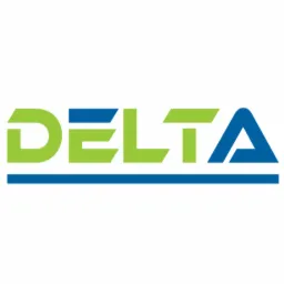Logo firmy Delta, nazwa w kolorach zielonym i niebieskim, umieszczona nad dwiema poziomymi liniami w kolorze niebieskim.