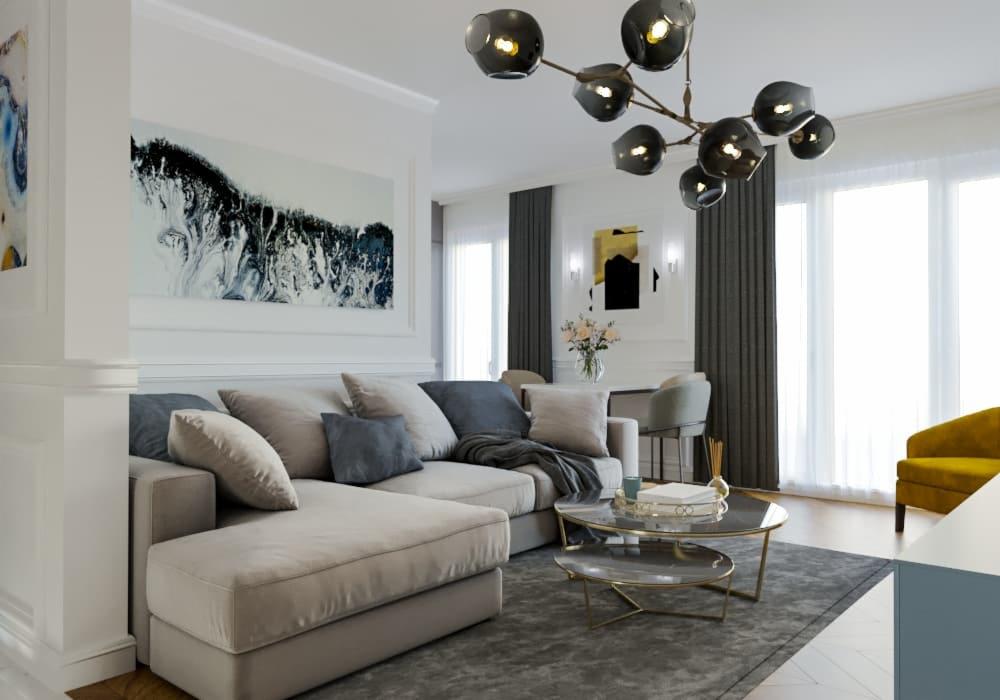 Salon w stylu nowoczesnym z narożnikiem w odcieniach beżu i szarości, okrągłym stolikiem kawowym z marmurowym blatem, abstrakcyjnym obrazem na ścianie i designerską lampą sufitową z kulistymi...