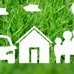 Graficzna reprezentacja rodziny, domu i samochodu na tle zielonej trawy, symbolizująca bezpieczeństwo finansowe i planowanie przyszłości.