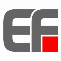 Szare, geometryczne logo EF z czerwonym kwadratem w prawym dolnym rogu, na białym tle.