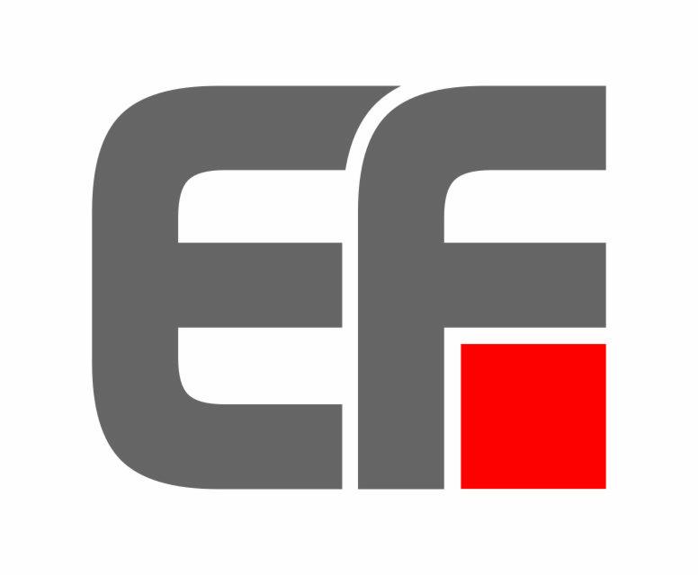 Szare, geometryczne logo EF z czerwonym kwadratem w prawym dolnym rogu, na białym tle.