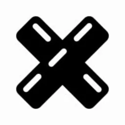 Czarny ikona X z zaokrąglonymi końcami i białymi przerwami na przecięciach, na białym tle.