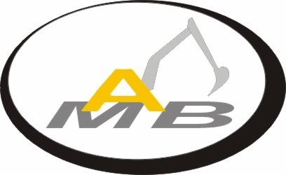 Logo firmy AMB z żółtą literą A, szarymi literami MB i sylwetką koparki w czarnej obwódce owalu.