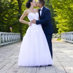 Para młoda całująca się na drewnianym moście otoczonym zielenią, panna młoda w białej sukni z koronkową górą i welonem, pan młody w granatowym garniturze z muchą.