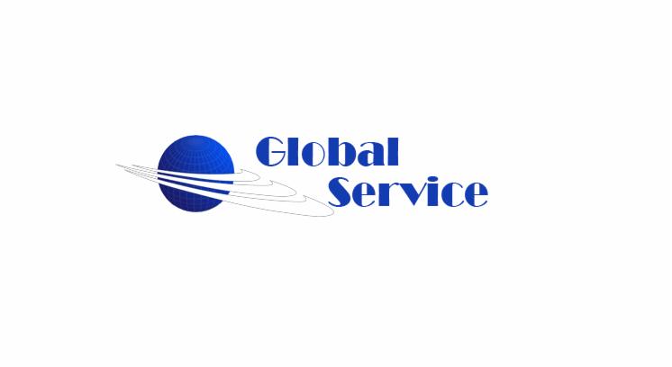 Niebieskie logo firmy Global Service z globem przeciętym trzema białymi liniami, na białym tle.
