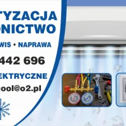 Reklama firmy oferującej montaż, serwis i naprawę systemów chłodniczych, z widocznym urządzeniem klimatyzacyjnym, numerem telefonu i adresem e-mail.