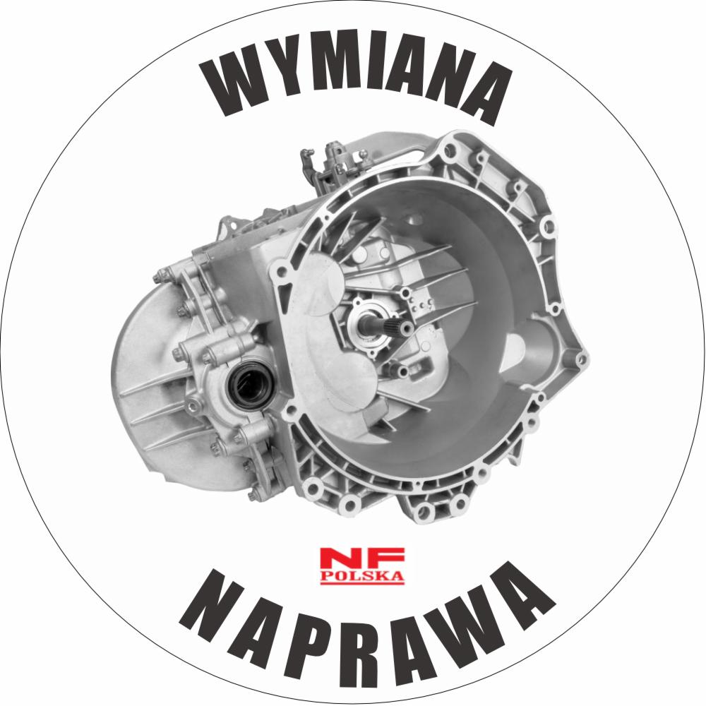 Szara skrzynia biegów na białym tle z napisem 'WYMIANA' u góry i 'NAPRAWA' na dole, logo NF Polska w centrum.