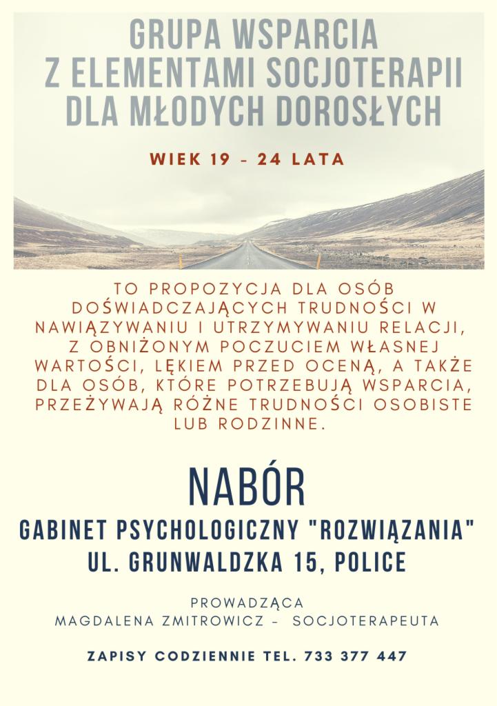 Ogłoszenie o grupie wsparcia z elementami socjoterapii dla młodych dorosłych w wieku 19-24 lata, oferującej pomoc w trudnościach w relacjach, obniżonym poczuciu wartości i lęku przed oceną...
