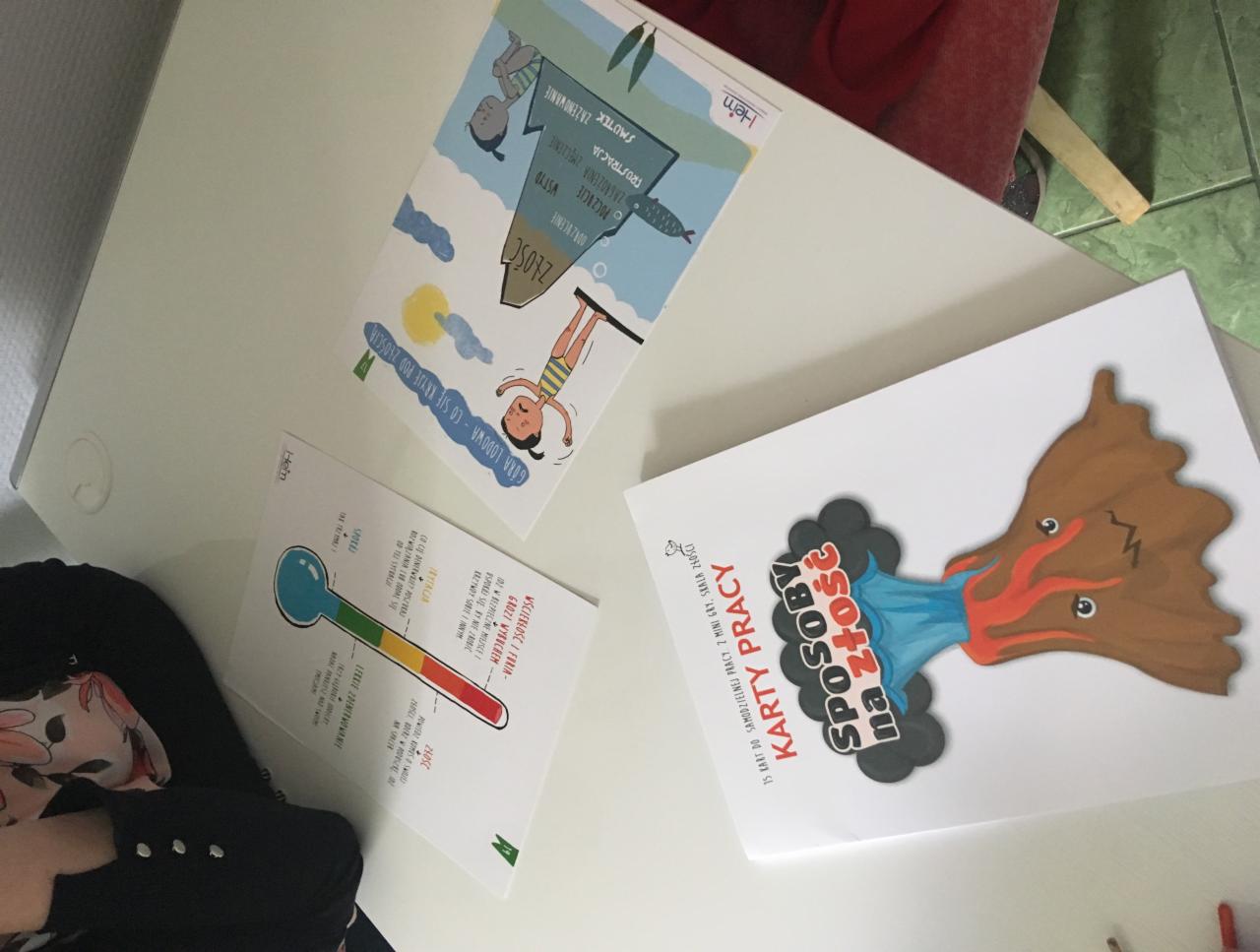 Karty pracy 'Sposoby na złość' z ilustracjami góry lodowej emocji, termometru złości i wulkanu na białym stole.