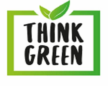 Logo z napisem 'THINK GREEN' w czarnej, pogrubionej czcionce, otoczone kwadratową ramką przechodzącą od ciemnej do jasnej zieleni, z dwoma zielonymi liśćmi wystającymi ponad górną krawędź ramki.