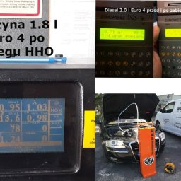 Autonagar.pl Sp.z o.o - Analiza spalin w silniku spalinowym: pomiary przed i po wodorowaniu (HHO). Widoczne wyniki z analizatora spalin, dyfuzora DGS-14 oraz samochód z podłączonym urządzeniem Autonagar.pl do wodorowania.
