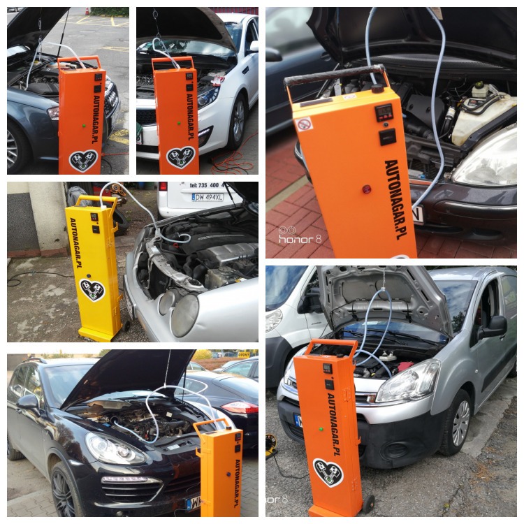 Wodorowanie silnika różnych samochodów z użyciem pomarańczowego urządzenia Autonagar.pl z naklejką z logo firmy, widoczne otwarte maski pojazdów i podłączone przewody.