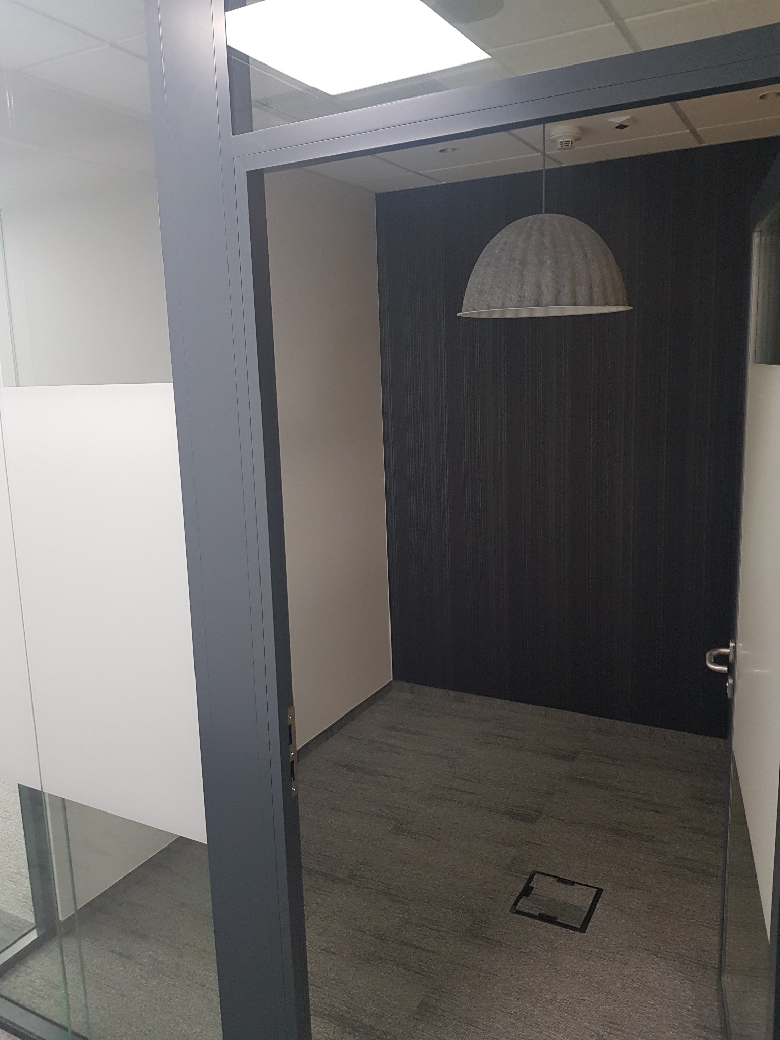 Nowoczesne biuro z przeszklonymi ścianami, szarą wykładziną i wiszącą lampą w kształcie kopuły.
