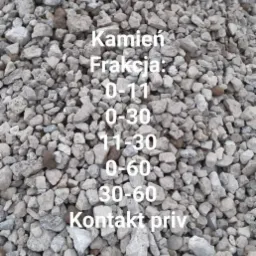 Kupa kamieni o różnej frakcji (0-11, 0-30, 11-30, 0-60, 30-60) z informacją o kontakcie prywatnym, leżąca na ziemi z widocznym fragmentem trawy.