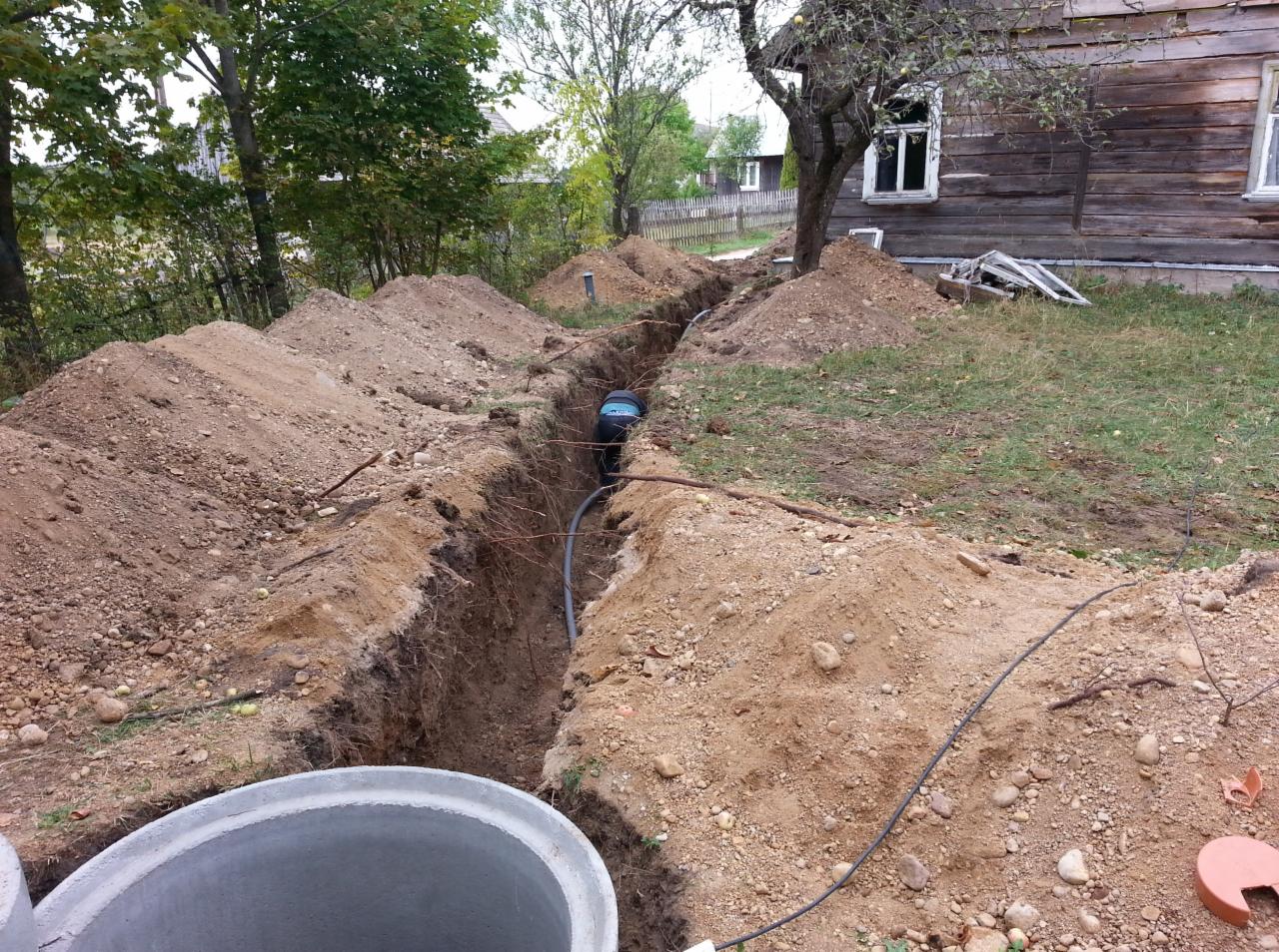 Wykopany wąski rów w ziemi na działce z widocznym pracownikiem w środku, szarym przewodem i betonowym kręgiem z przodu, w tle drewniany dom i drzewa.