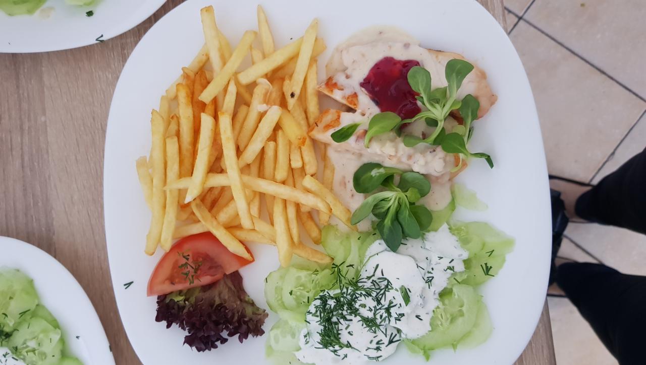 Porcja obiadowa na talerzu: frytki, kurczak w sosie z żurawiną, ogórek z sosem śmietanowym i koperkiem, pomidor i sałata.