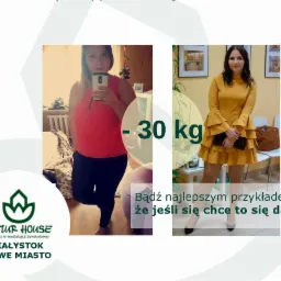 Por&oacute;wnanie sylwetki kobiety przed i po utracie 30 kg, prezentowane na kolażu z logo firmy Natur House.