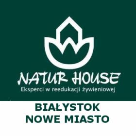 Logo firmy Natur House z hasłem 'Eksperci w reedukacji żywieniowej' na zielonym tle, z adresem oddziału w Białymstoku.