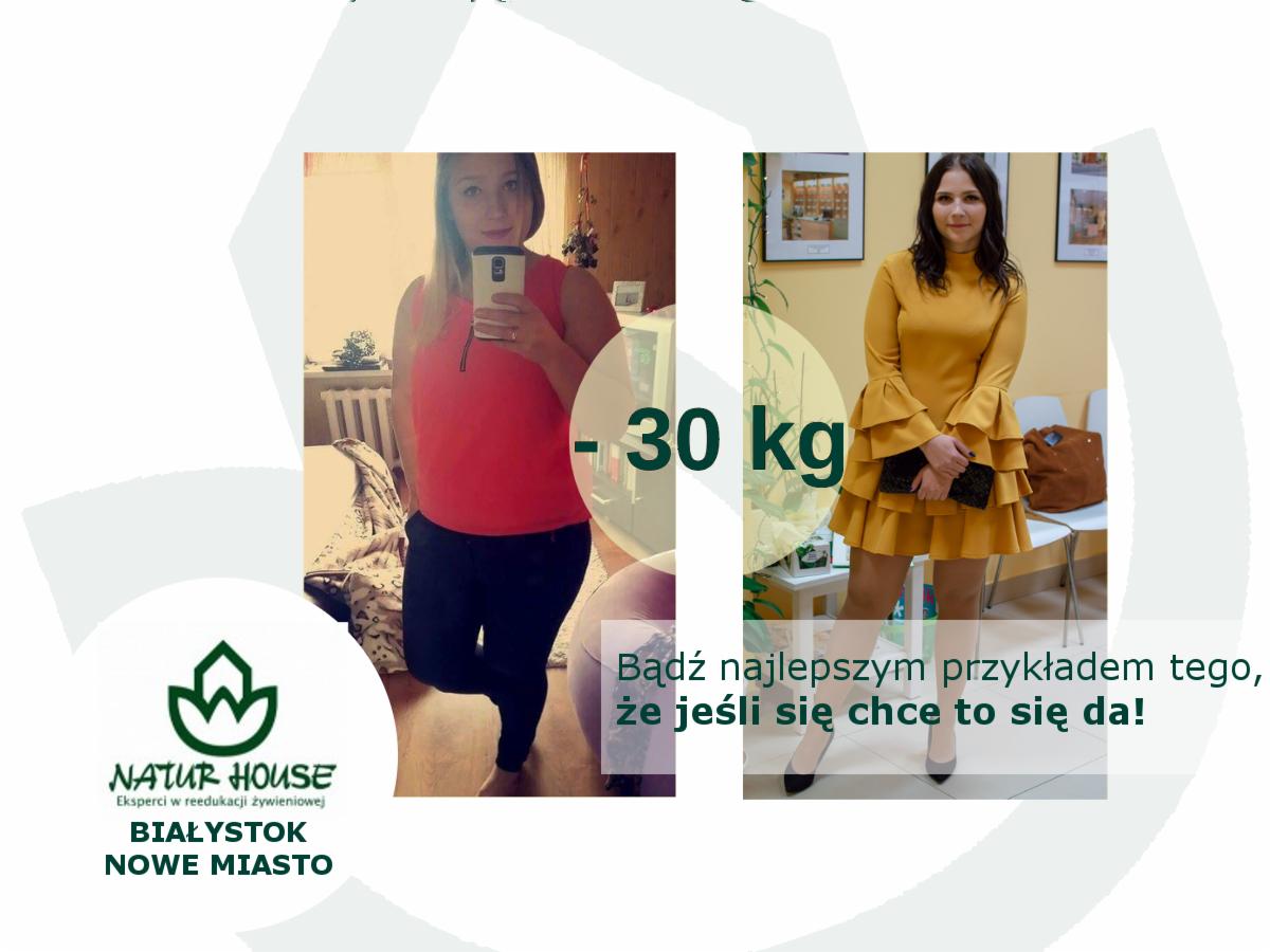 Porównanie sylwetki kobiety przed i po utracie 30 kg, prezentowane na kolażu z logo firmy Natur House.