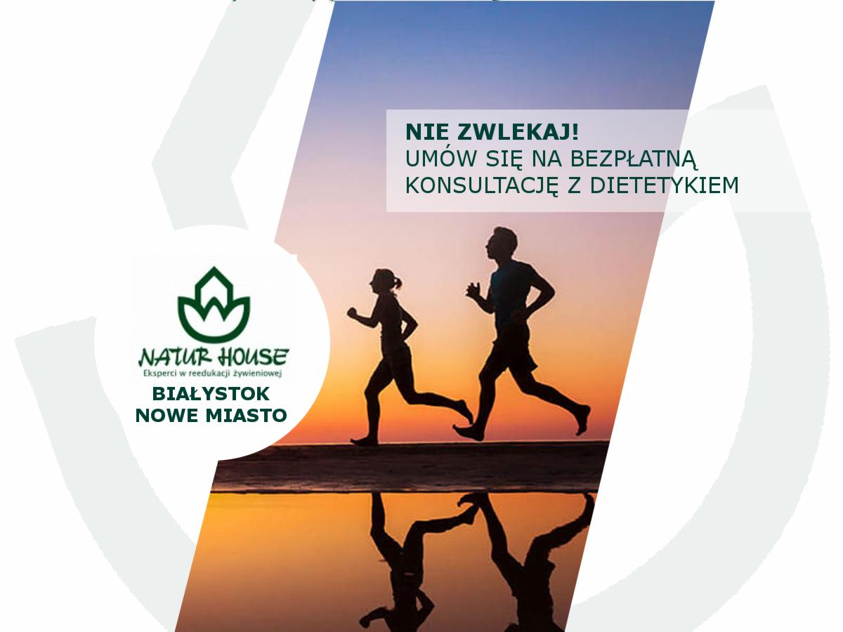 Grafika reklamowa: Siluetki biegających osób na tle zachodzącego słońca, odbicie w wodzie, logo Natur House, hasło: Umów się na bezpłatną konsultację.