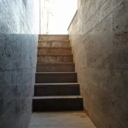 Schody zewnętrzne wyłożone kamieniem trawertynowym, prowadzące w górę, ściany boczne również z trawertynu, widok z dołu.