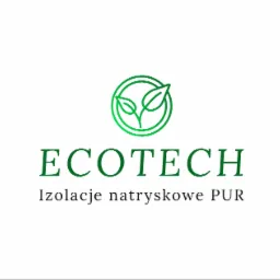 Zielone logo firmy Ecotech z dwoma liśćmi w okręgu, pod spodem nazwa firmy i napis Izolacje natryskowe PUR.