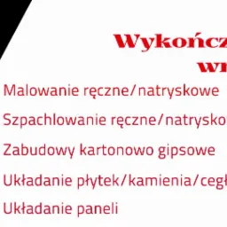 Grafika reklamowa z logo firmy w kształcie domu i listą usług wykończeniowych wnętrz: malowanie ręczne/natryskowe, szpachlowanie ręczne/natryskowe, zabudowy kartonowo gipsowe, układanie...
