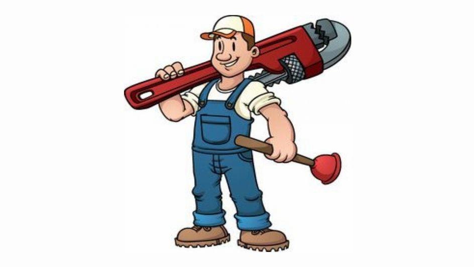 Karykatura uśmiechniętego hydraulika w niebieskim kombinezonie, trzymającego na ramieniu duży czerwony klucz nastawny i przepychaczkę w dłoni.