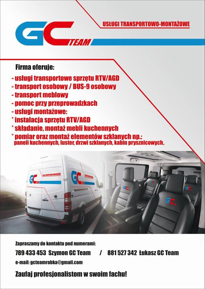 Grafika reklamowa firmy oferującej usługi transportowo-montażowe: transport sprzętu RTV/AGD, transport osobowy busem, transport meblowy, pomoc przy przeprowadzkach, instalacja sprzętu RTV/AGD...