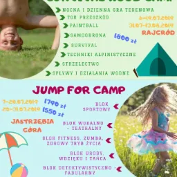 Plakat reklamowy wakacyjnych obozów tematycznych z ofertą survivalu, sportu, tańca i detektywistyki, z datami i cenami turnusów w Rajgrodzie i Jastrzębiej Górze.