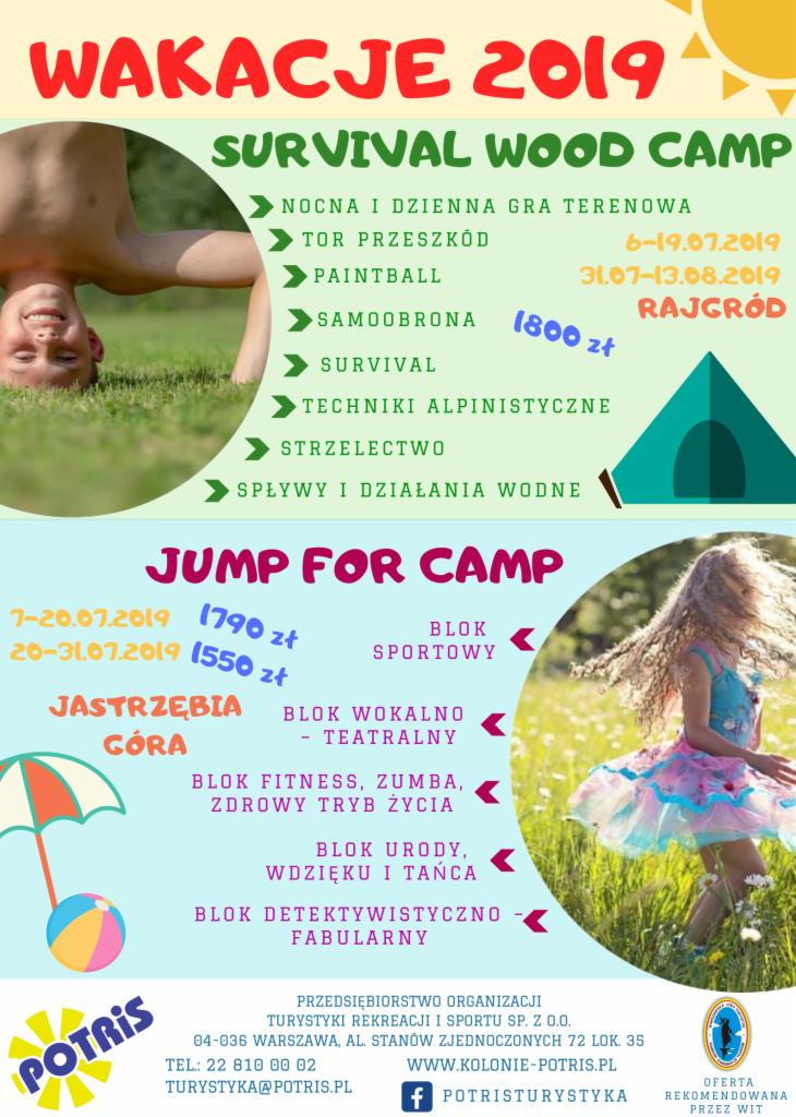 Plakat reklamowy wakacyjnych obozów tematycznych z ofertą survivalu, sportu, tańca i detektywistyki, z datami i cenami turnusów w Rajgrodzie i Jastrzębiej Górze.