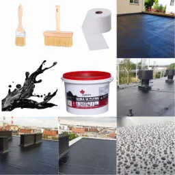 Kompozycja zdjęć przedstawiająca narzędzia, materiały i efekty prac związanych z hydroizolacją dachu, w tym pędzle, rolka papieru, wiadro z gumą w płynie oraz zbliżenia na pokrycie dachu z kroplami.