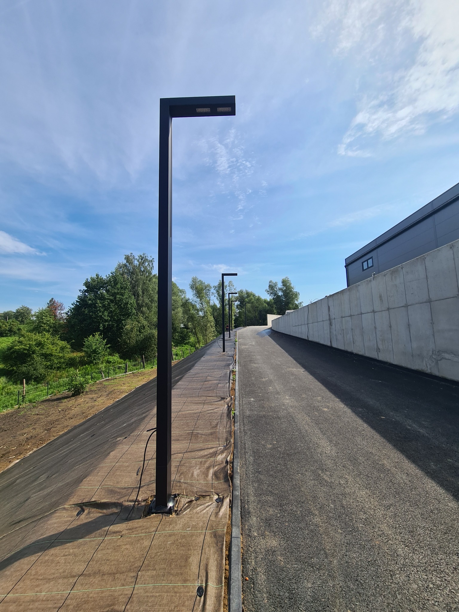 Szpaler nowoczesnych, czarnych lamp parkowych wzdłuż ścieżki, z widocznym okablowaniem. Tło: zieleń i budynek. Błękitne niebo z chmurami w kadrze.