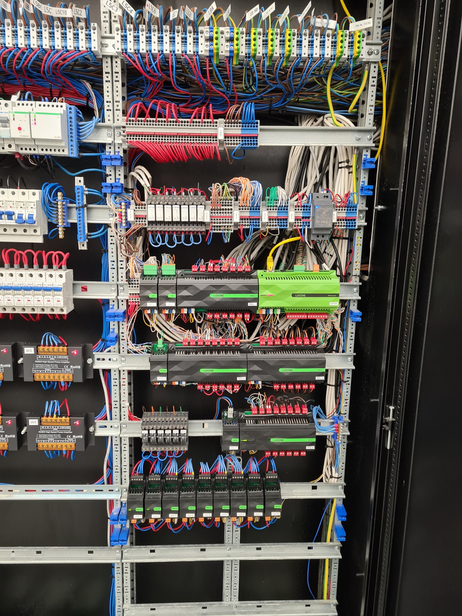 Rozbudowana szafa sterownicza z licznymi przewodami, modułami Loxone i zabezpieczeniami, widoczne listwy zaciskowe i kable w różnych kolorach.